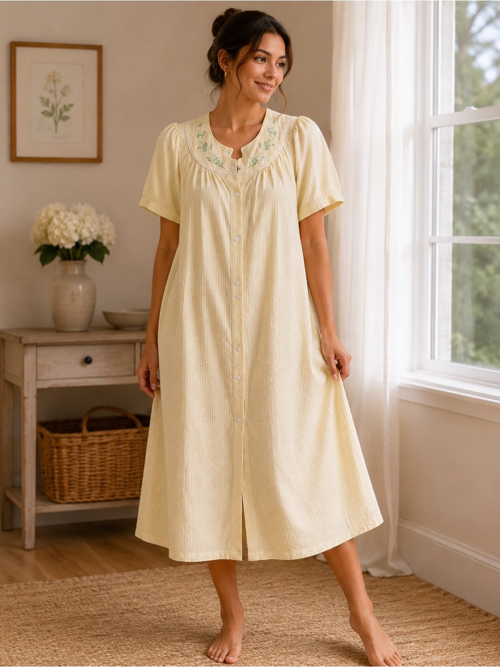 Vintage Colette by Miss Elaine Yellow Seersucker House Coat Robe Small